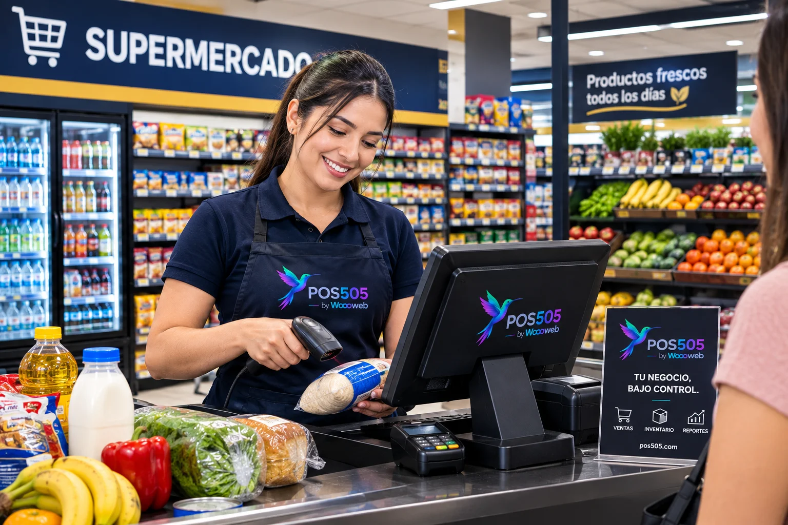 Cajera cobrando en un supermercado de Nicaragua, mismo escenario que gestiona el sistema POS505